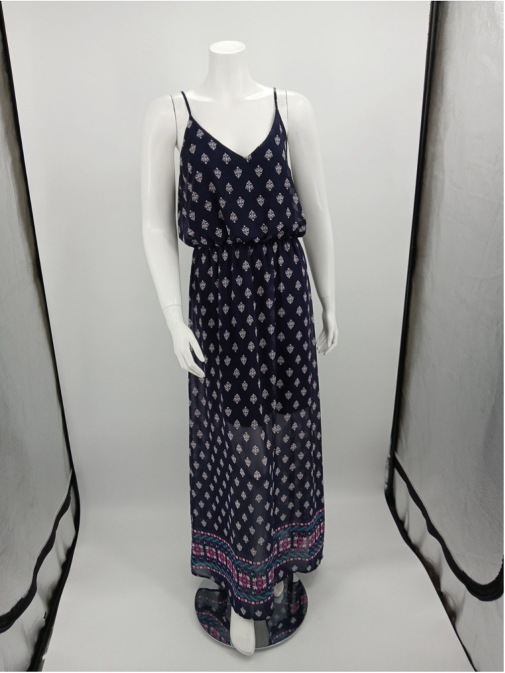 Sienna Sky Womens Maxi Dress Size L Navy Spaghetti Straps Boho Festival Resort